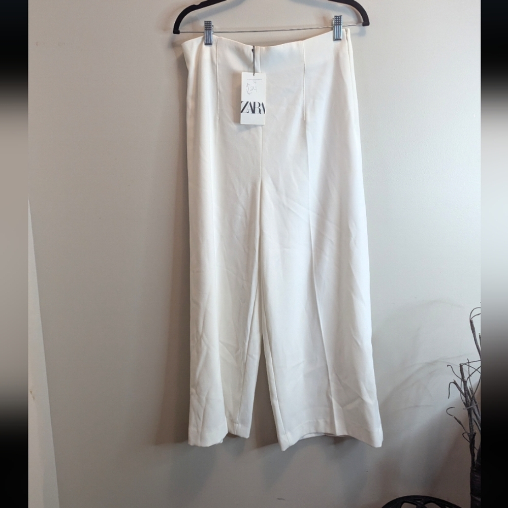 Zara White Wide-Leg Trousers Sz L
